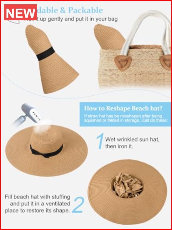 Oversize Wide Brim Straw Beach Hat Floppy Foldable UPF 50+